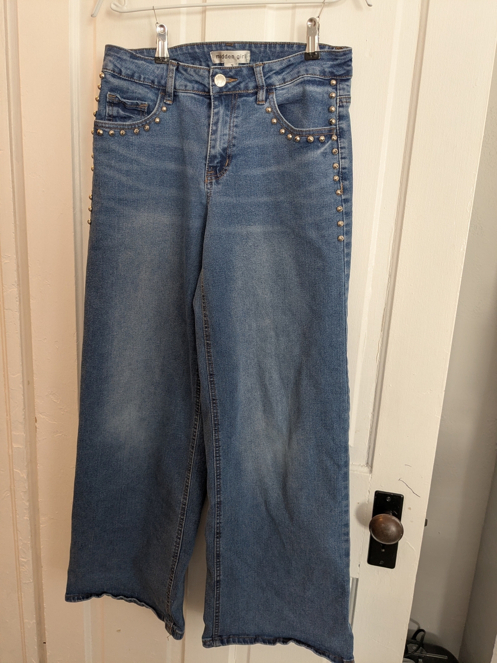 Madden Girl Light Blue Studded Wide-Leg Jeans